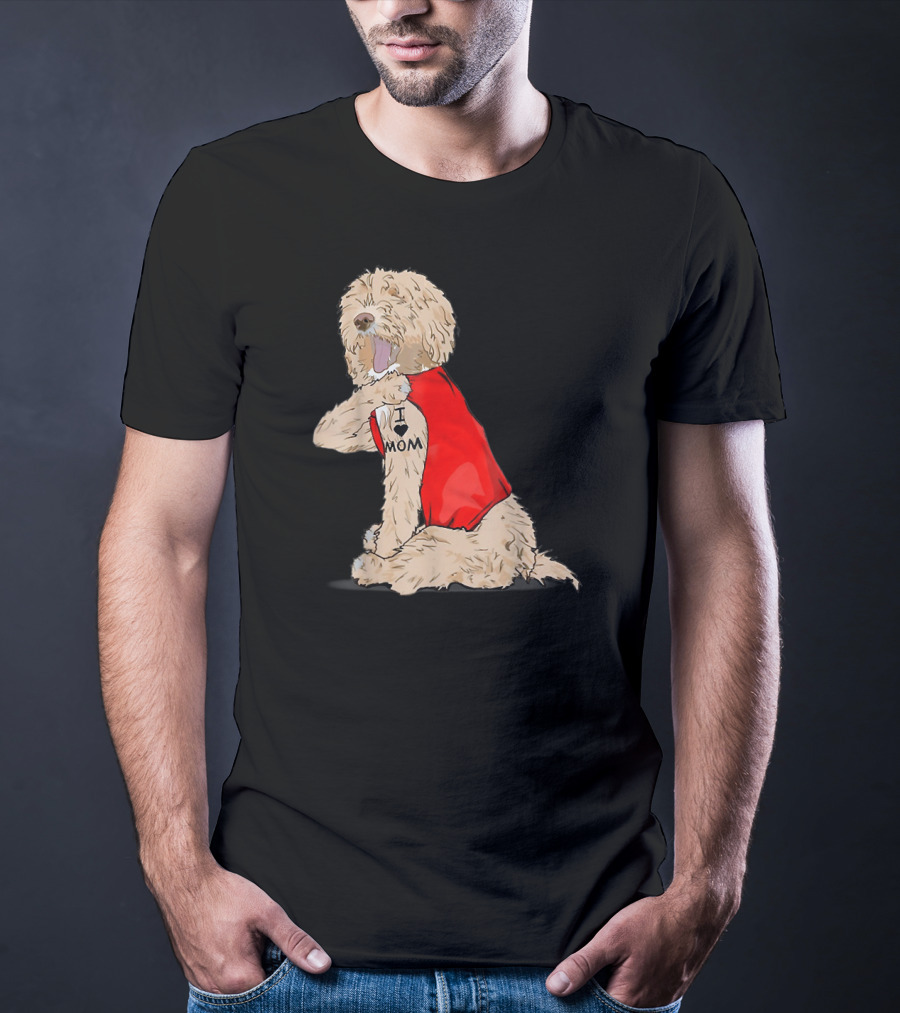 Labradoodle I Love Mom Tattoo Funny Dog In Red Vest Sitting Pose T-Shirt