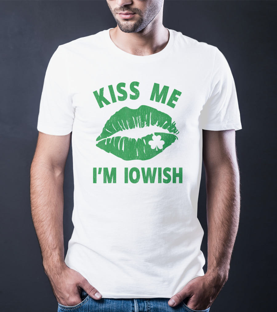 Kiss Me I'm Iowish St Patrick's Day Green Lips With Clover T-Shirt