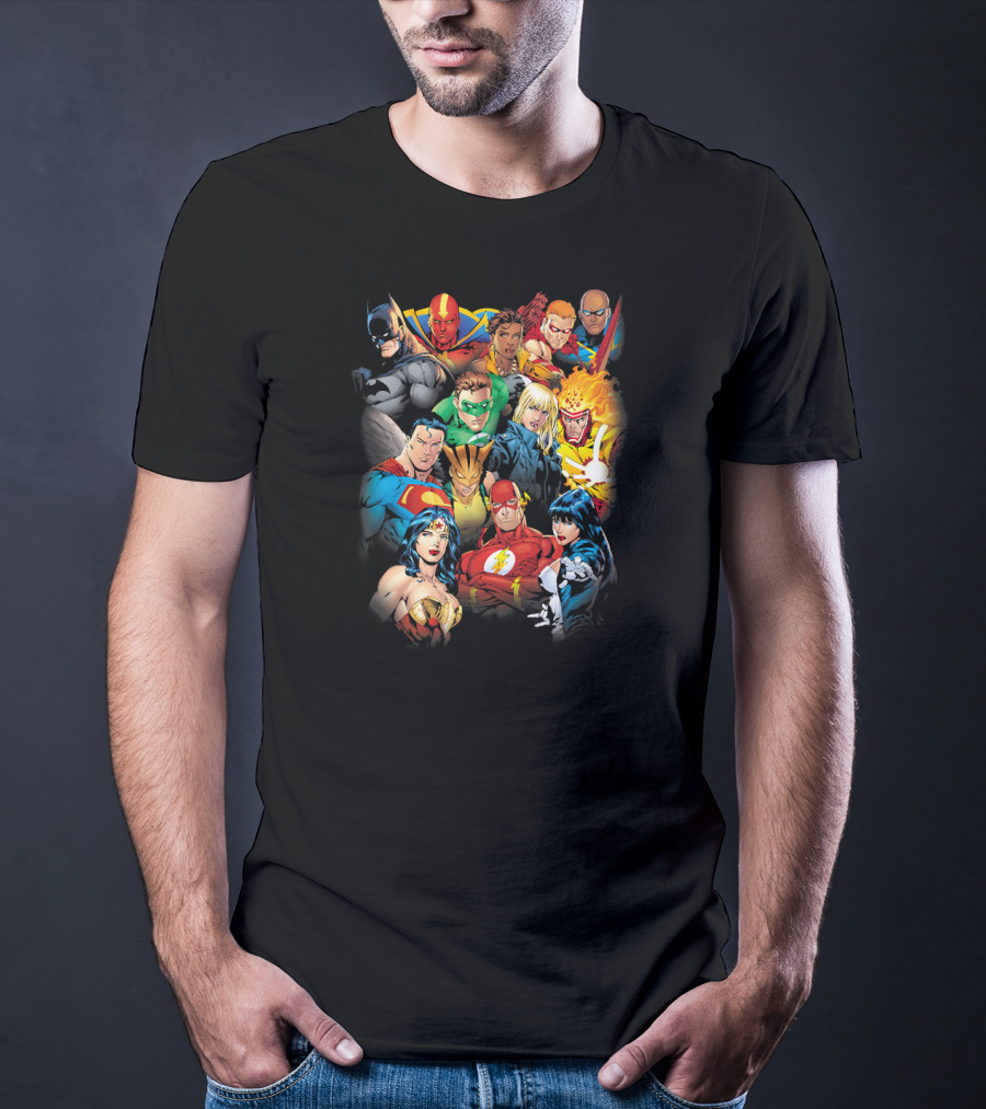 Justice League The League's All Here Heroes Unite Iconic Team Members T-Shirt