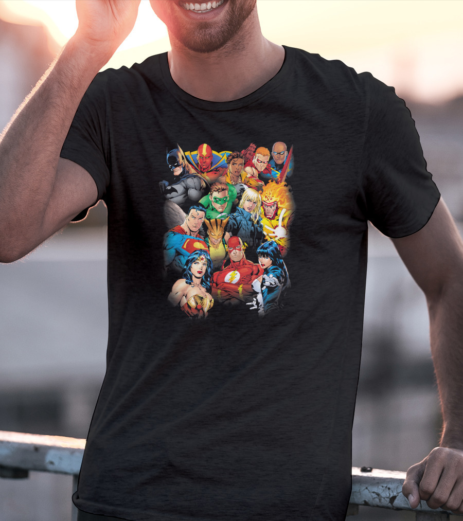Justice League The League's All Here Heroes Unite Iconic Team Members T-Shirt
