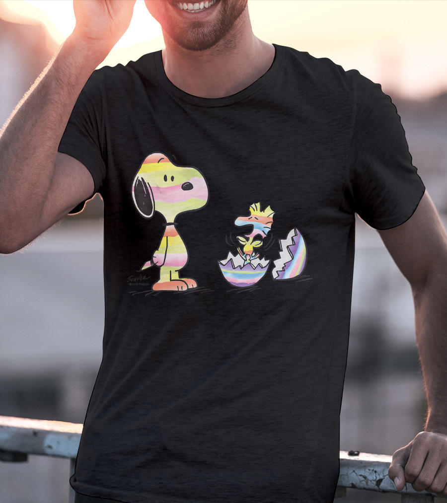 Peanuts Snoopy Woodstock Colorful Easter Egg Stripes T-Shirt