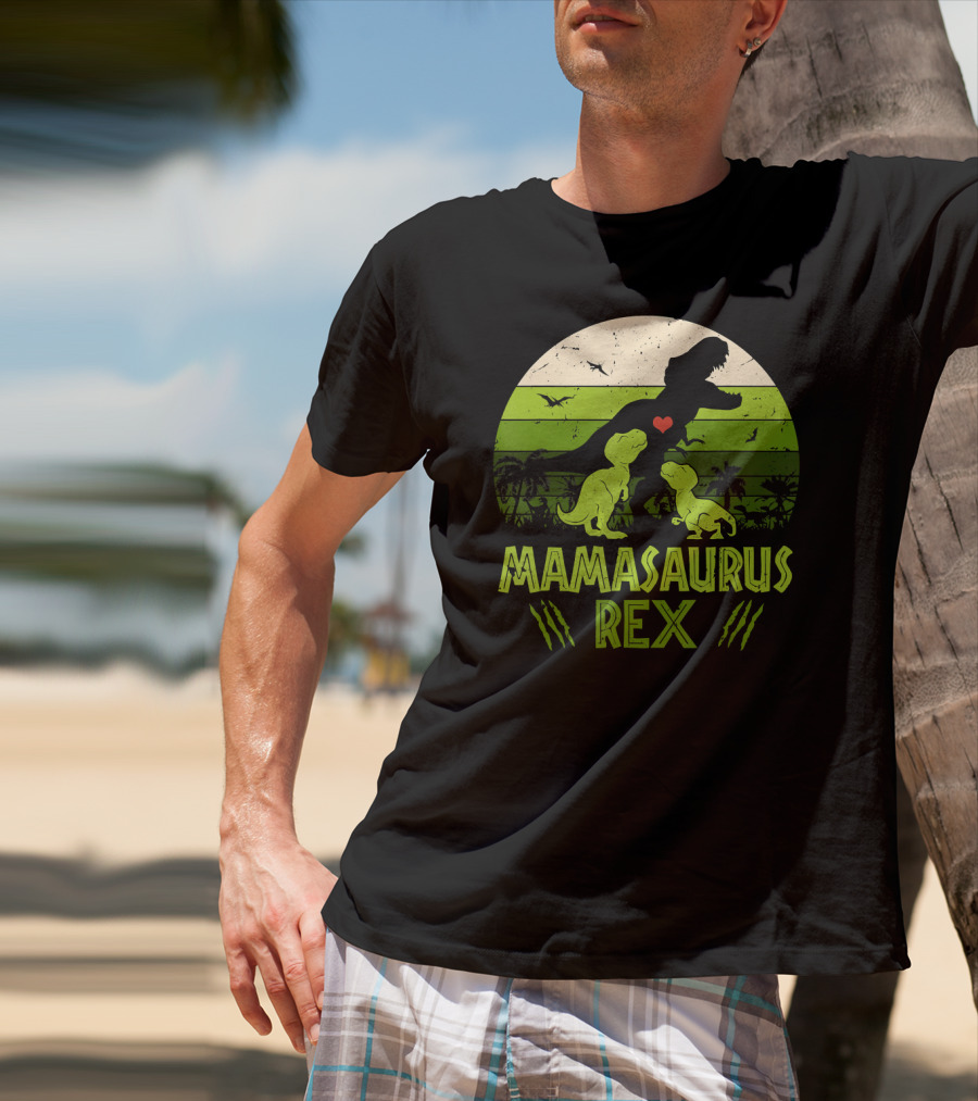 Mamasaurus Rex Dinosaur Lover Heart Jungle Scene With Two Kids T-Shirt