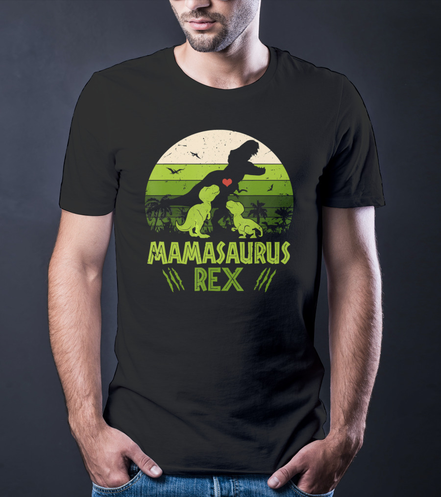 Mamasaurus Rex Dinosaur Lover Heart Jungle Scene With Two Kids T-Shirt