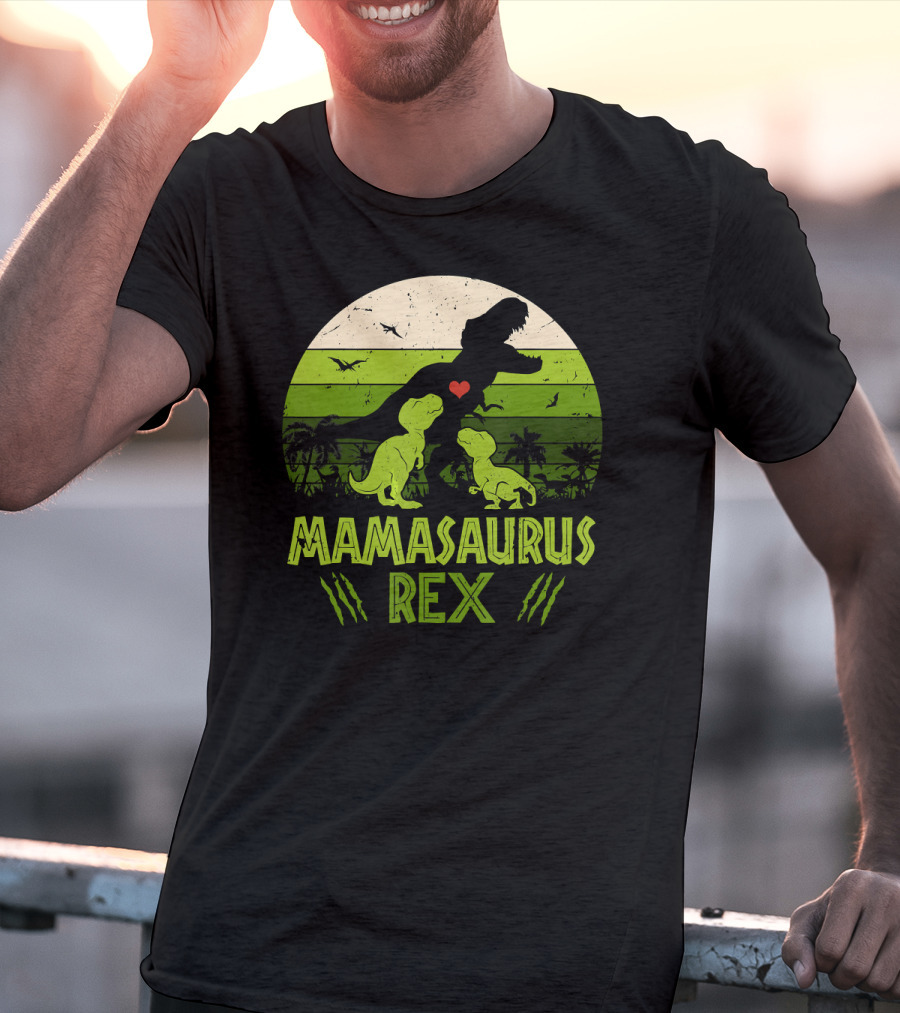 Mamasaurus Rex Dinosaur Lover Heart Jungle Scene With Two Kids T-Shirt