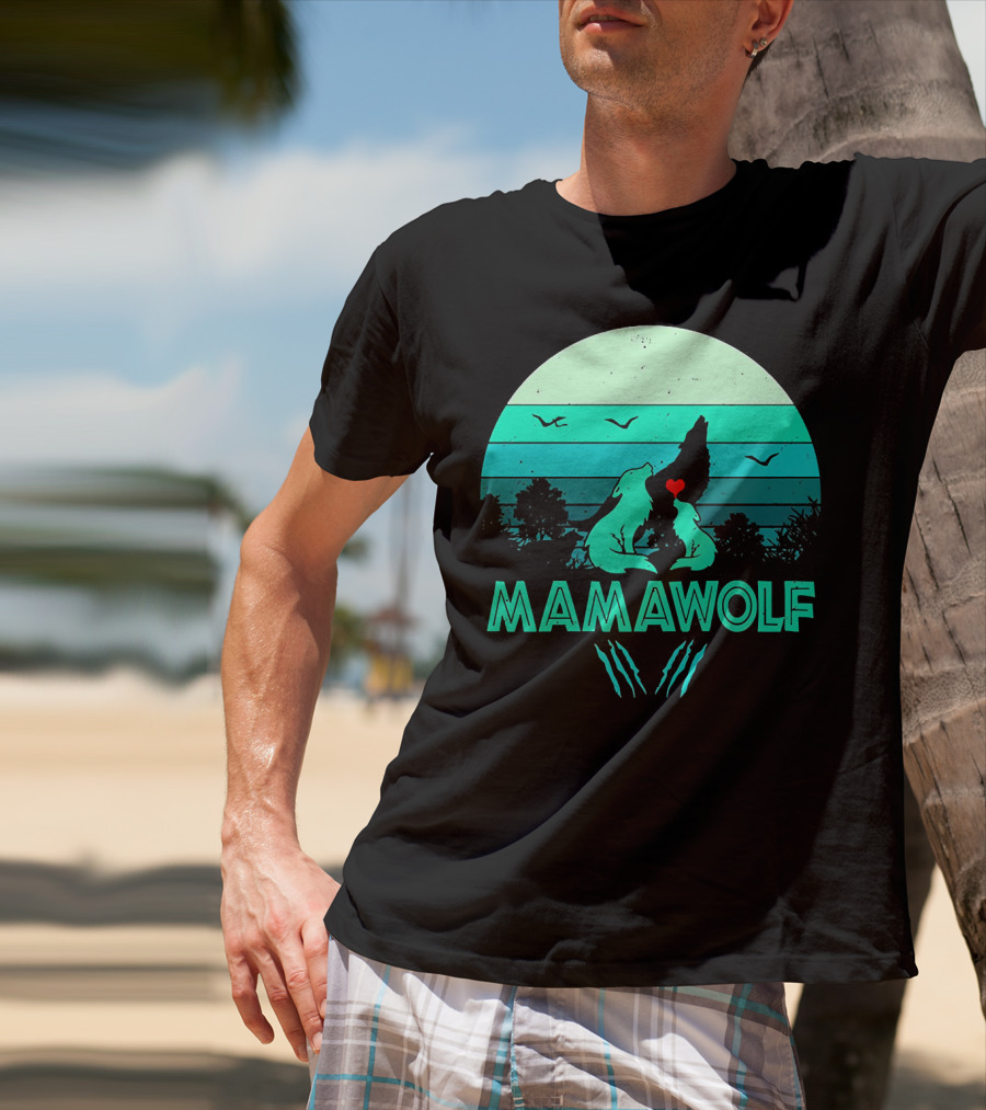 MAMAWOLF Babies Mom Vintage Wolf Heart Moon T-Shirt