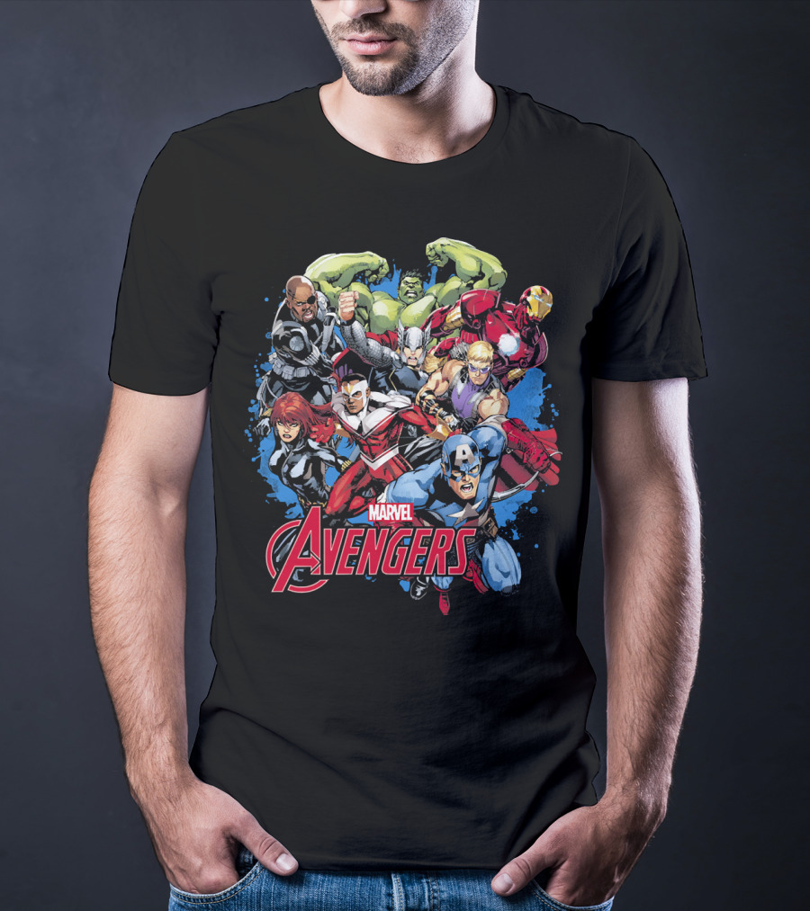 Marvel Avengers Captain Thor Hulk Iron Man Black Widow Comic Assemblage T-Shirt