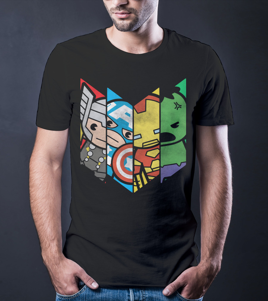 Marvel Avengers Cartoon Thor Captain America Iron Man Hulk Shield T-Shirt