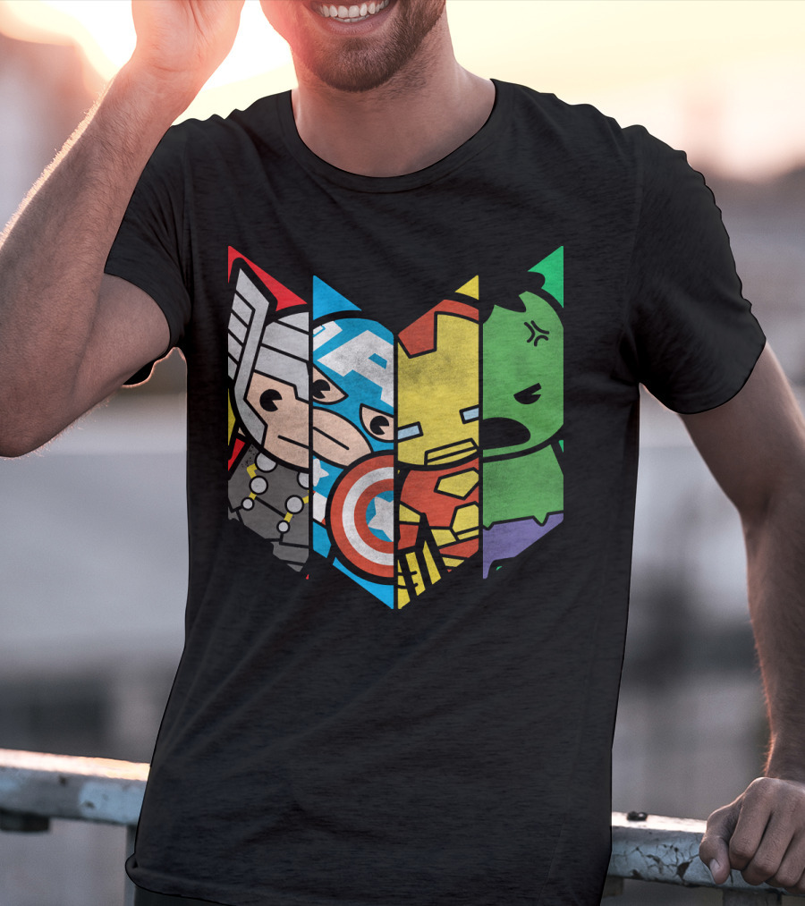 Marvel Avengers Cartoon Thor Captain America Iron Man Hulk Shield T-Shirt