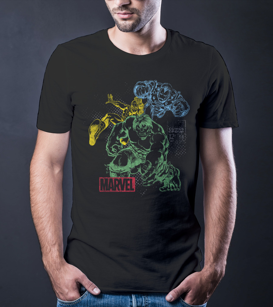 Marvel Hulk Iron Man Spider-Man Vintage Comic Group T-Shirt