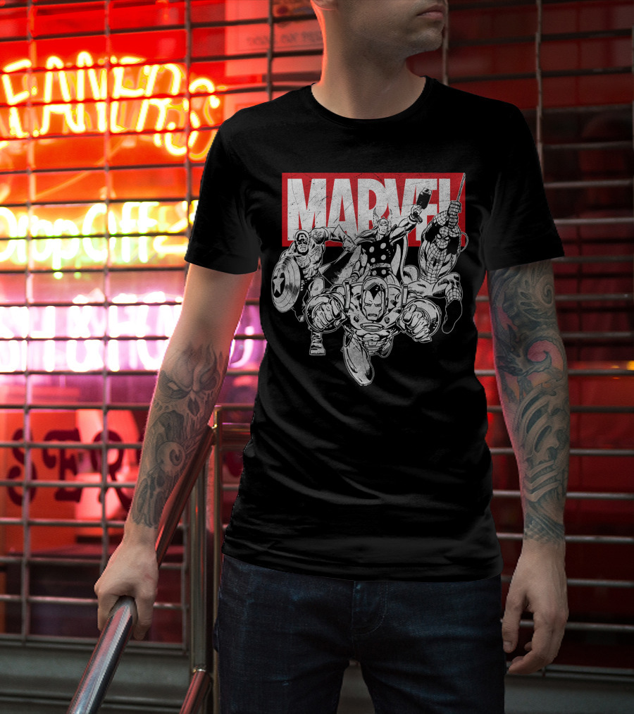 Marvel Avengers Captain America Thor Spider-Man Iron Man Grayscale T-Shirt