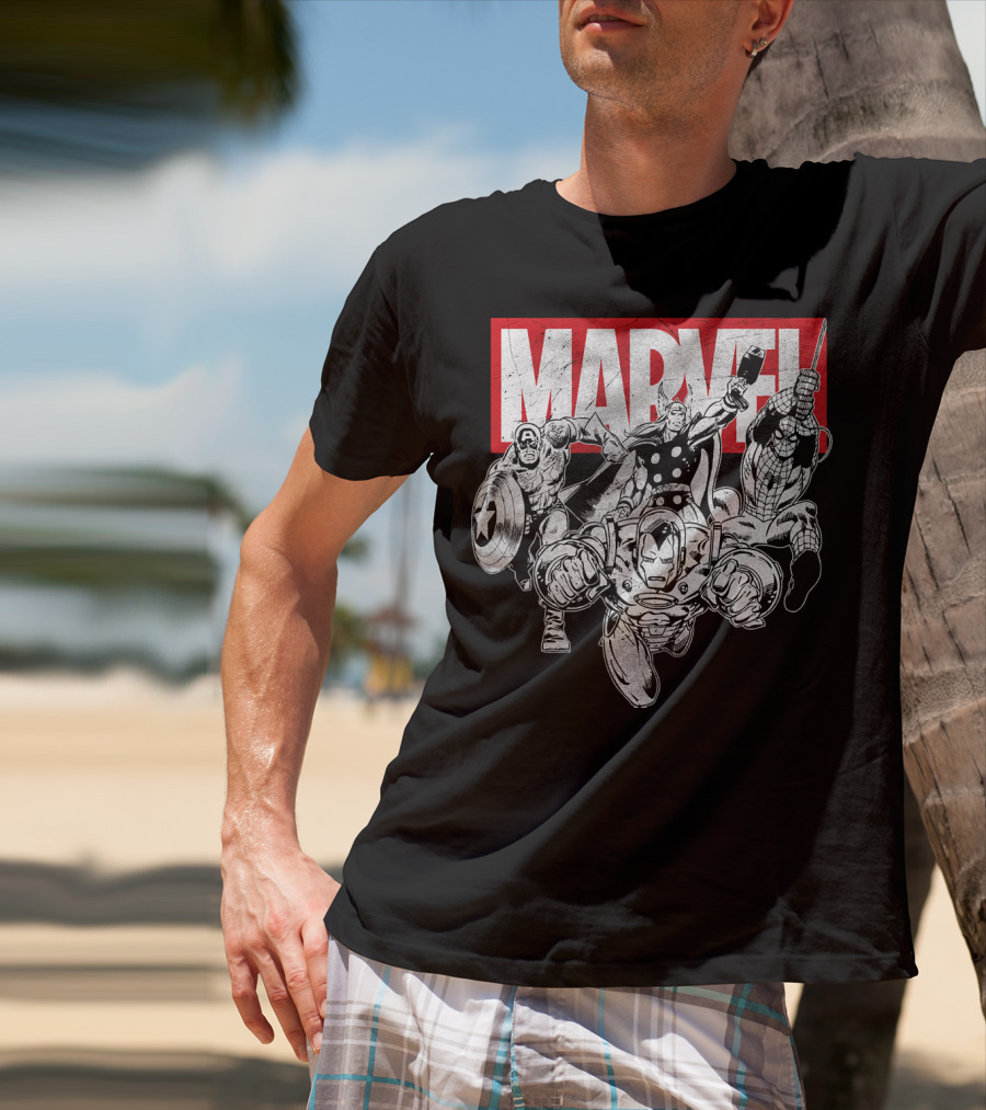 Marvel Avengers Captain America Thor Spider-Man Iron Man Grayscale T-Shirt