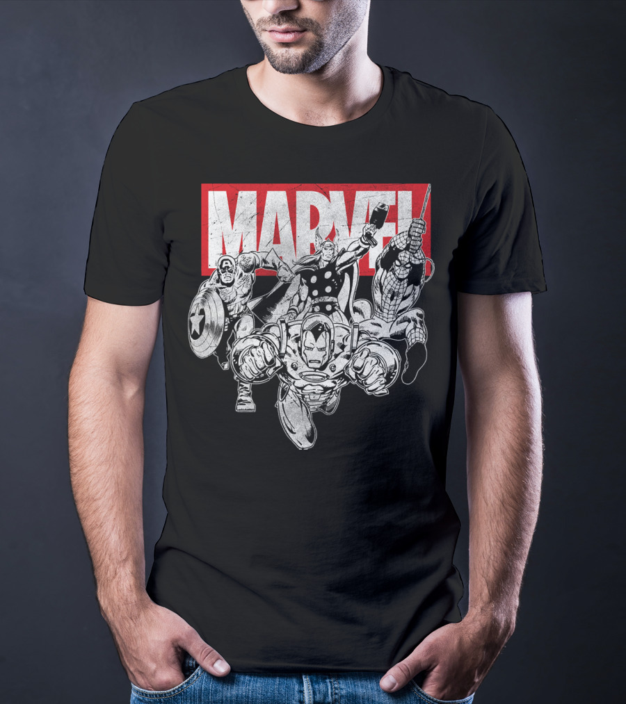 Marvel Avengers Captain America Thor Spider-Man Iron Man Grayscale T-Shirt
