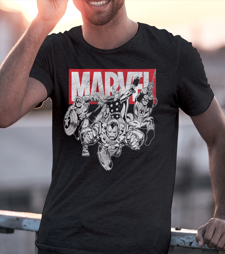 Marvel Avengers Captain America Thor Spider-Man Iron Man Grayscale T-Shirt