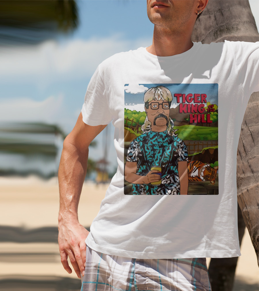 Tiger King Of The Hill In Cartoon Style With Tiger And Guy Holding Drink T-Shirt