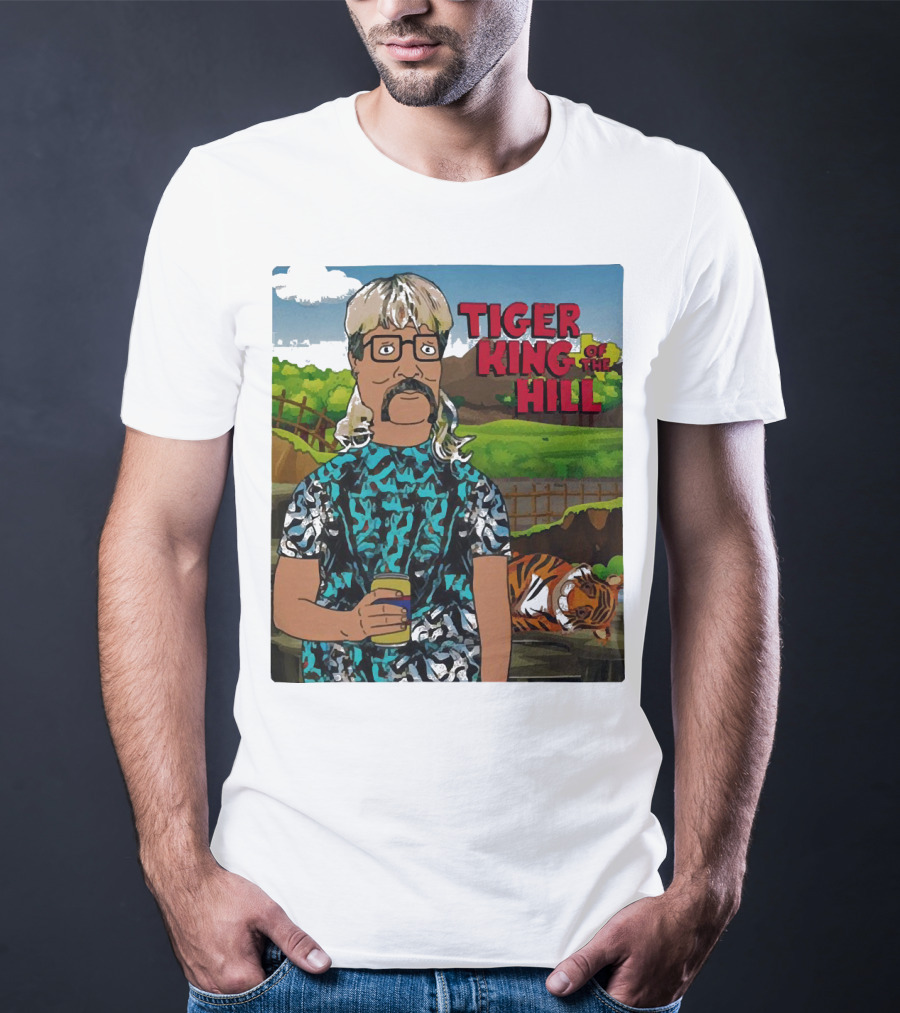 Tiger King Of The Hill In Cartoon Style With Tiger And Guy Holding Drink T-Shirt