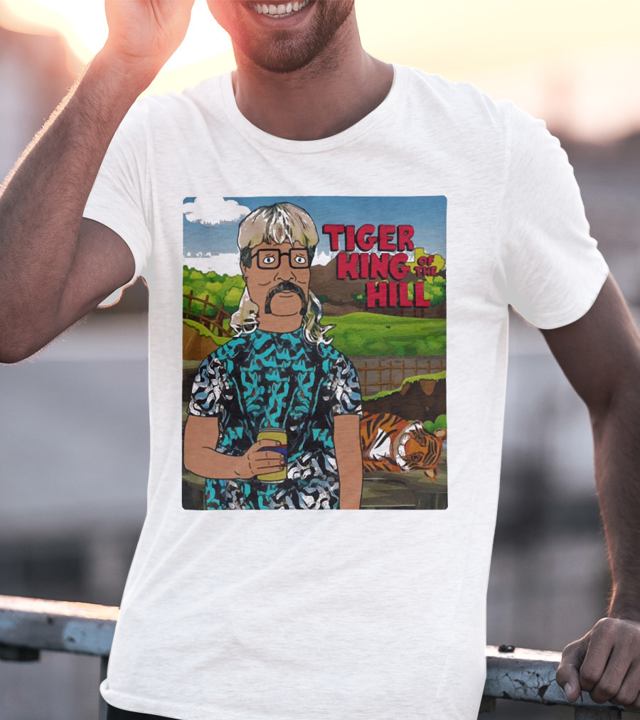 Tiger King Of The Hill In Cartoon Style With Tiger And Guy Holding Drink T-Shirt