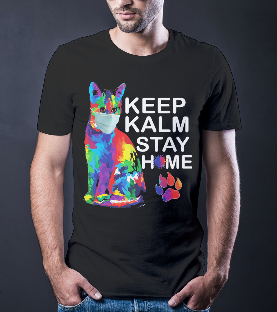 Colorful Masked Cat Keep Kalm Stay Home Ladies T-Shirt