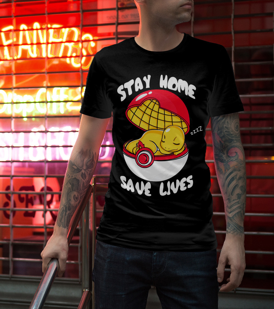 Stay Home Save Lives Charmander Pokemon Ladies Pokeball Zzzz T-Shirt