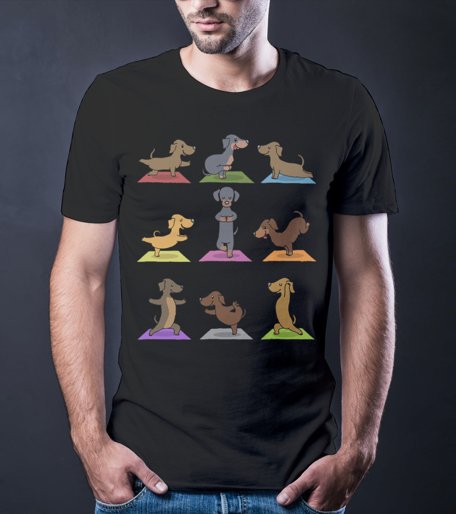 Dachshund Yoga Funny Dachshund Poses On Colorful Mats 227 T-Shirt