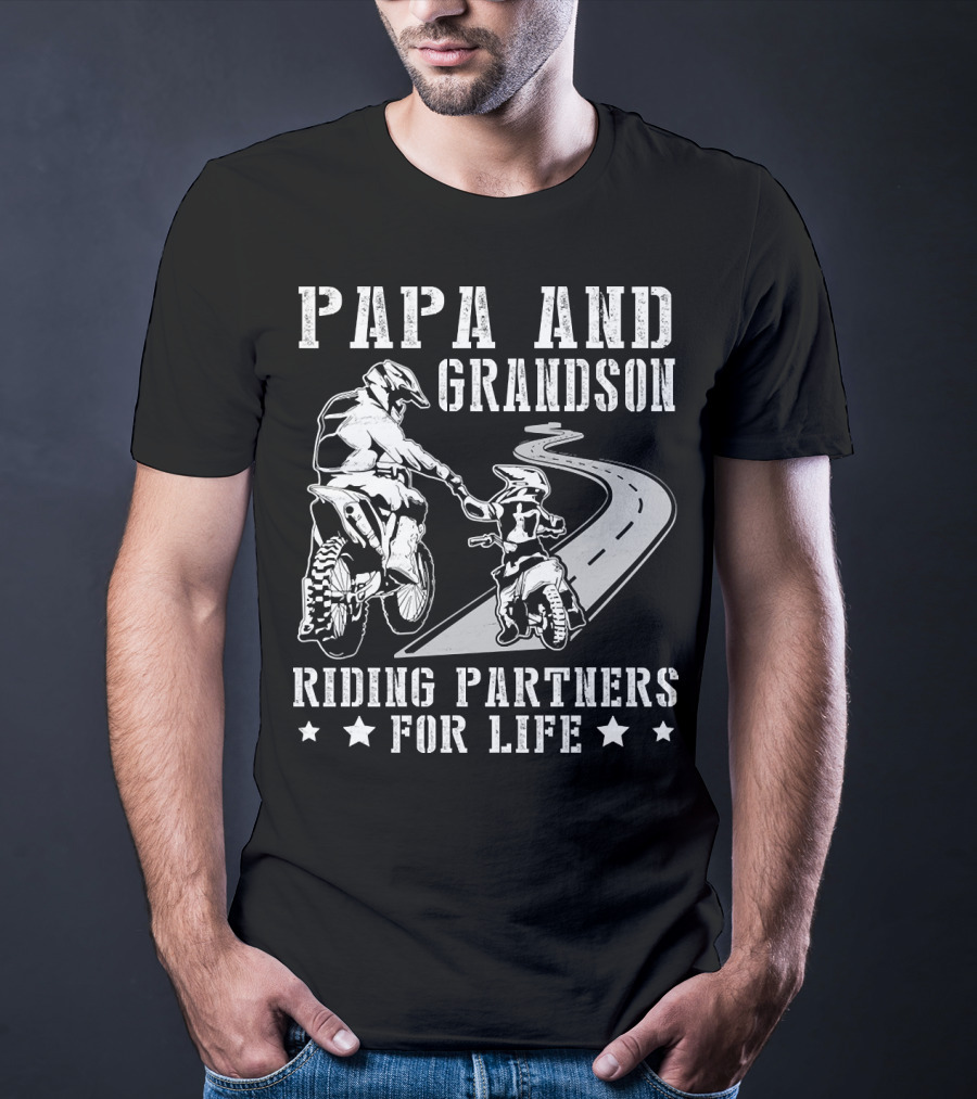 Papa And Grandson Riding Partners For Life Happy Motor Rider Road Adventure T-Shirt