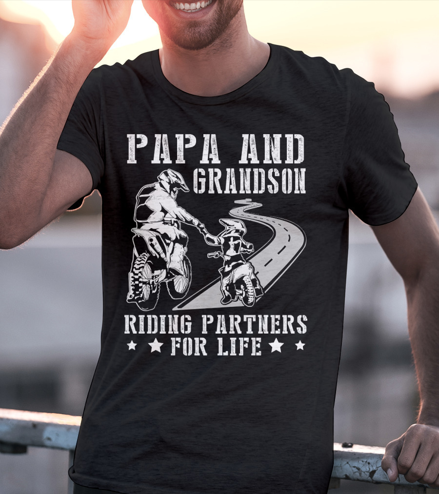 Papa And Grandson Riding Partners For Life Happy Motor Rider Road Adventure T-Shirt