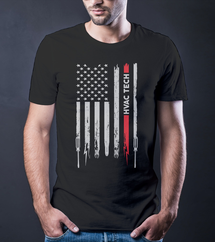 American Flag HVAC Tech Pride With Tools And Lightning 212 T-Shirt