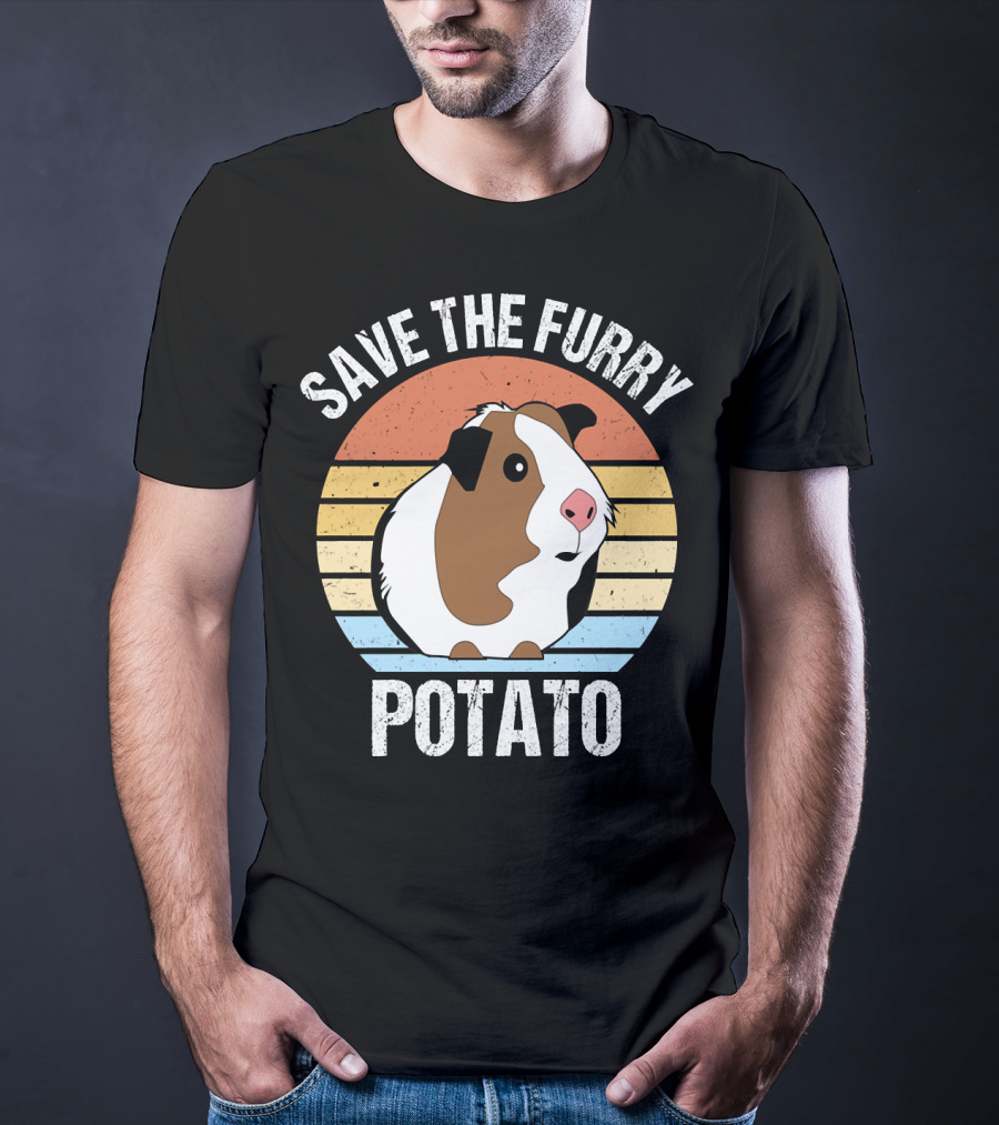 Save The Furry Potato Funny Guinea Pig Retro Sunset 181 T-Shirt