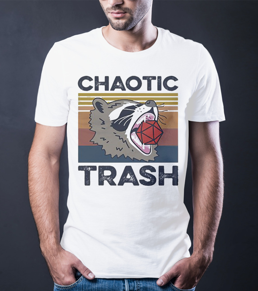 Chaotic Trash Game Raccoon D20 Dice Retro Stripes T-Shirt