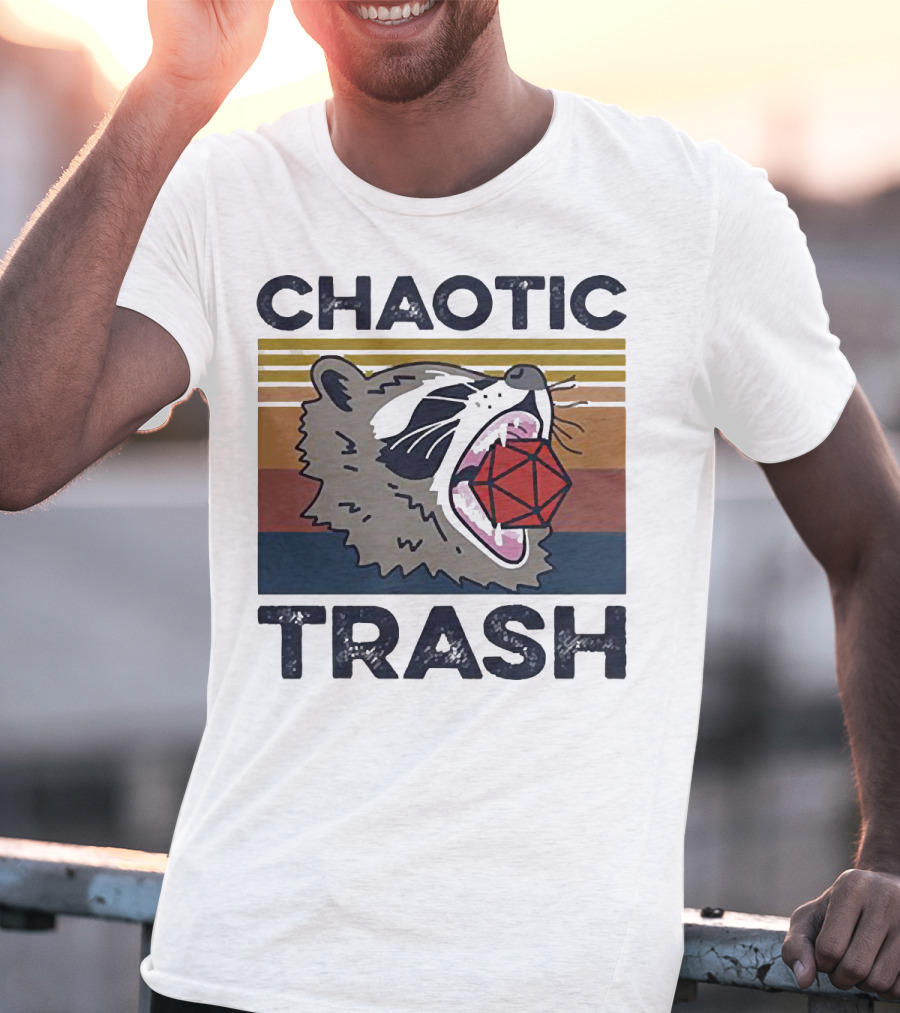 Chaotic Trash Game Raccoon D20 Dice Retro Stripes T-Shirt