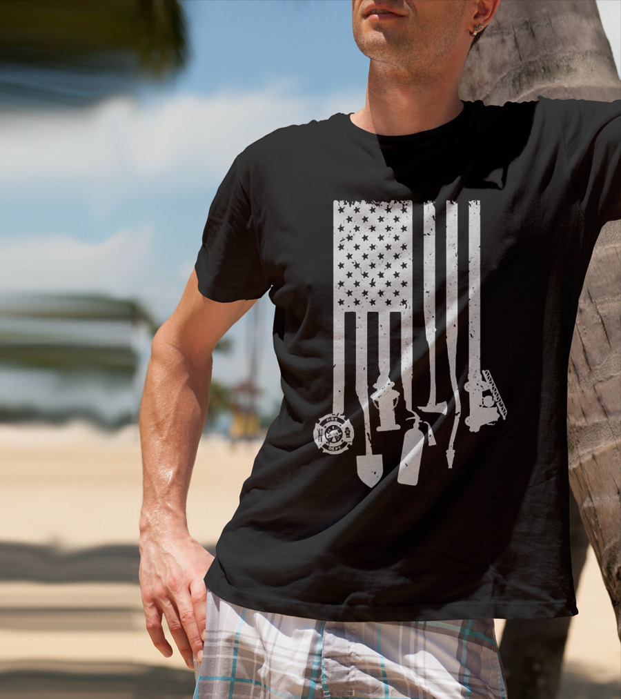 American Flag With Firefighter Tools And Veteran Badge Elements T-Shirt