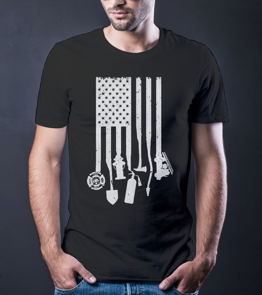 American Flag With Firefighter Tools And Veteran Badge Elements T-Shirt