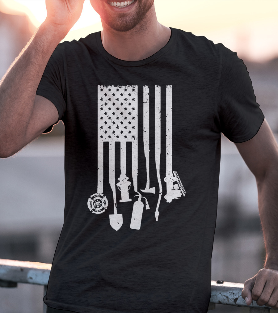 American Flag With Firefighter Tools And Veteran Badge Elements T-Shirt