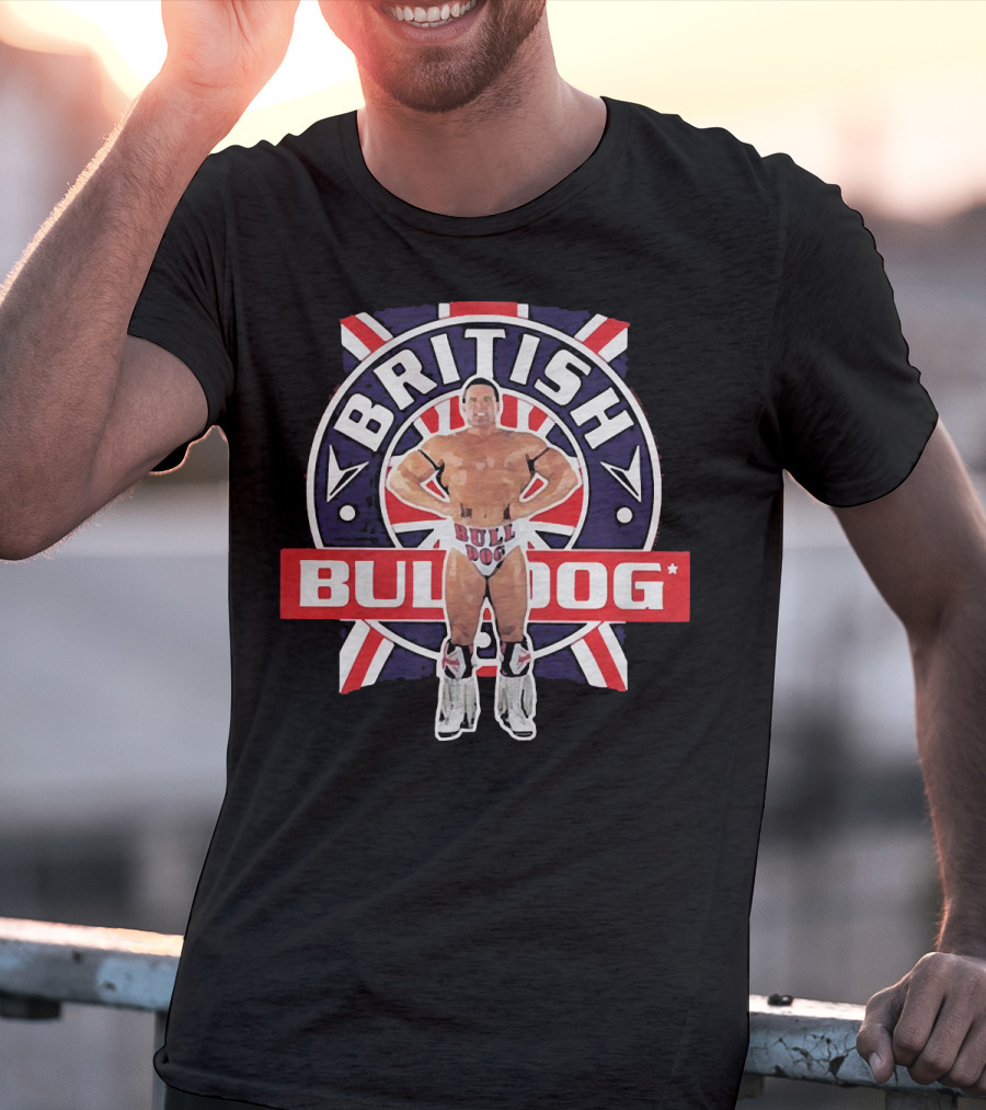British Bulldog Wrestler With Union Jack Background T-Shirt
