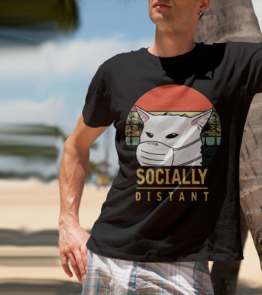 Socially Distant Cat White Masked Sunset T-Shirt