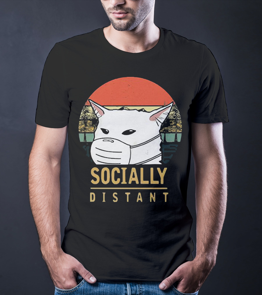 Socially Distant Cat White Masked Sunset T-Shirt