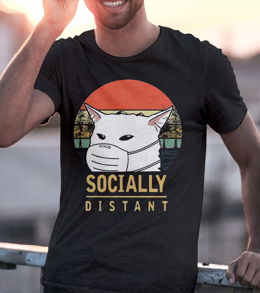 Socially Distant Cat White Masked Sunset T-Shirt