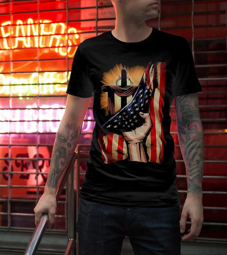 Jesus God American Flag Cross And Hand Inside Me T-Shirt