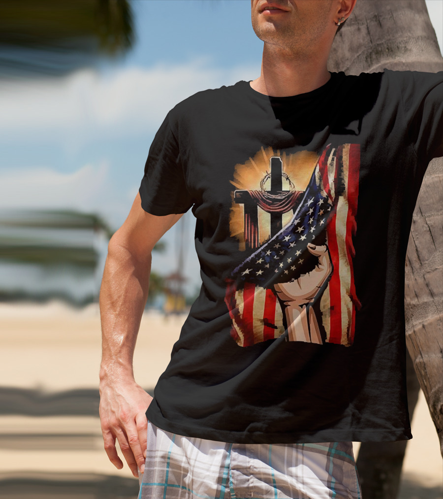 Jesus God American Flag Cross And Hand Inside Me T-Shirt