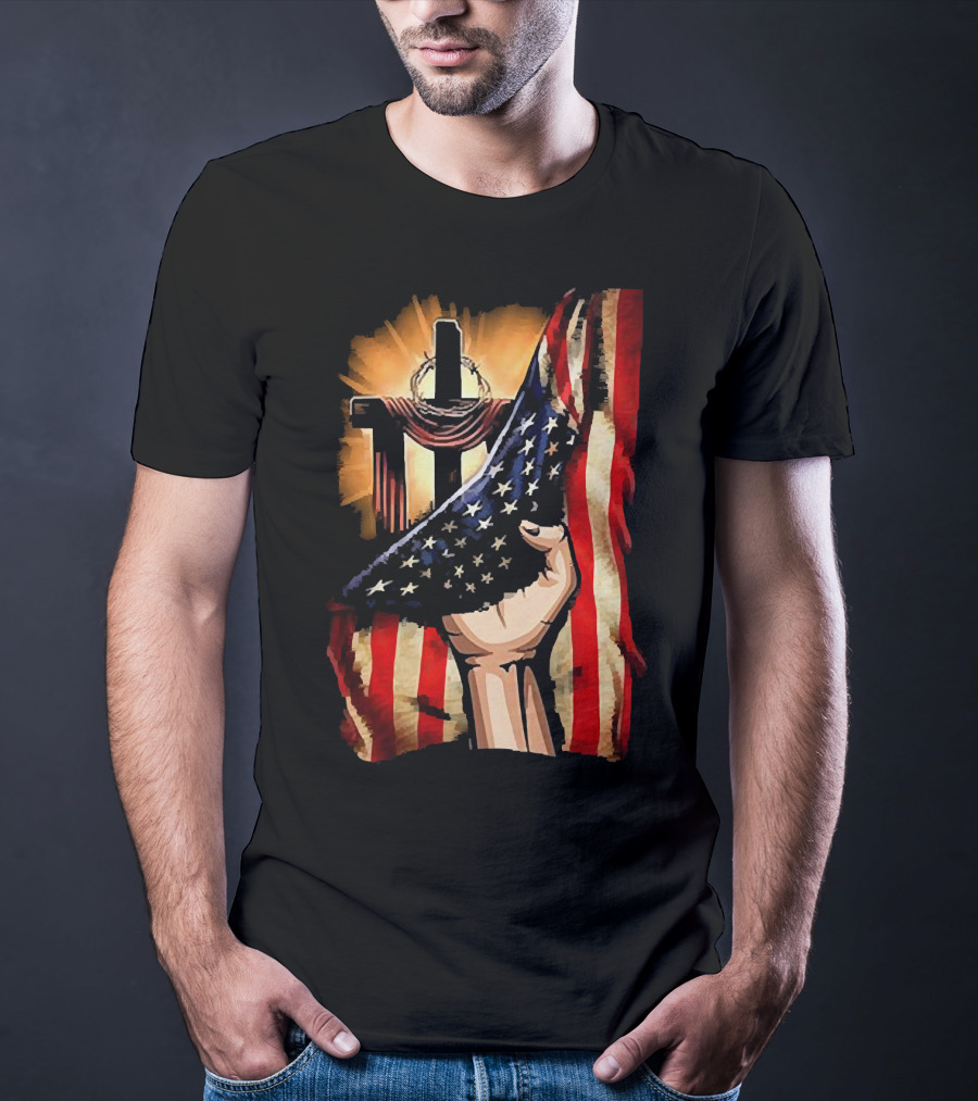 Jesus God American Flag Cross And Hand Inside Me T-Shirt