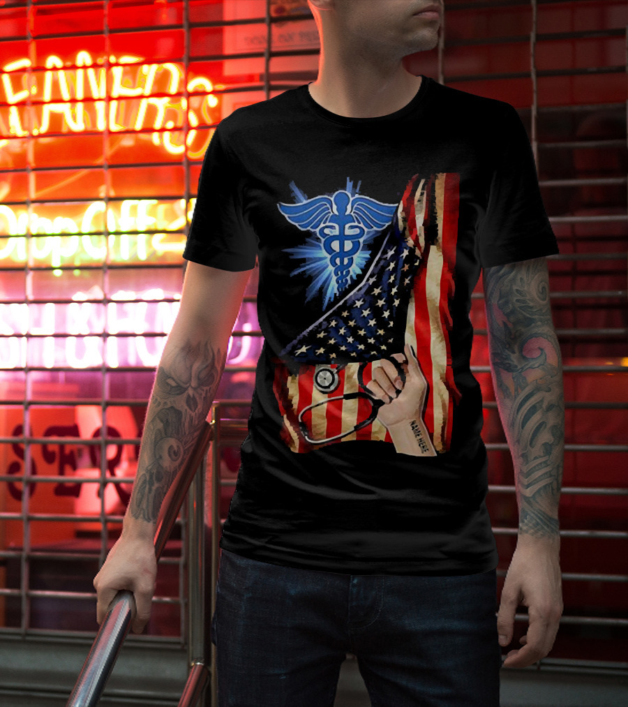 Nurse America Flag Caduceus Tattoo Stethoscope T-Shirt