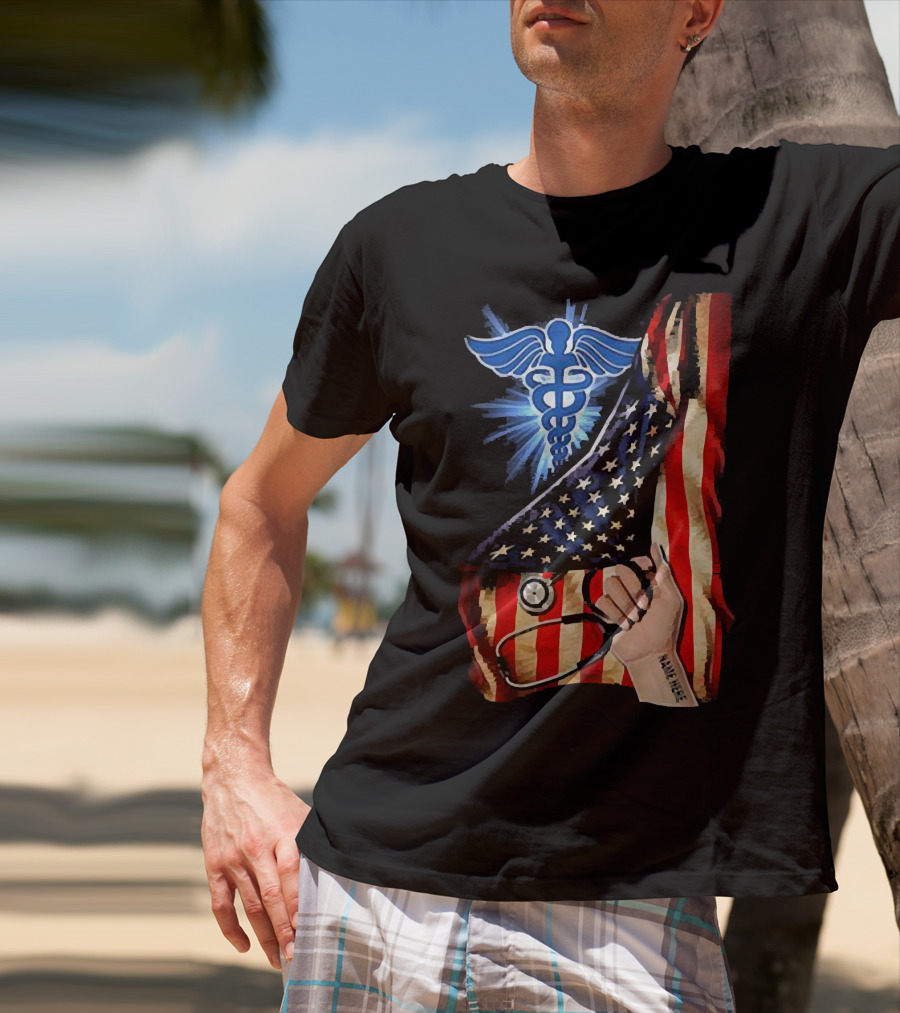 Nurse America Flag Caduceus Tattoo Stethoscope T-Shirt
