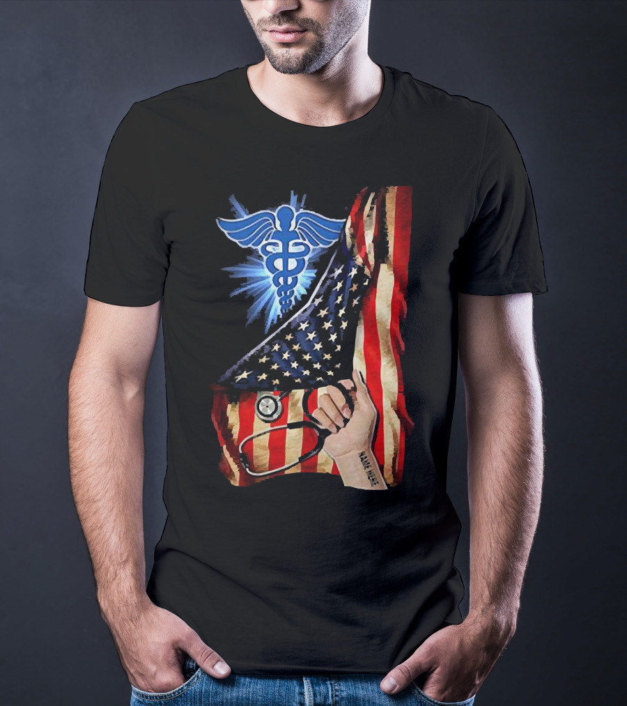 Nurse America Flag Caduceus Tattoo Stethoscope T-Shirt