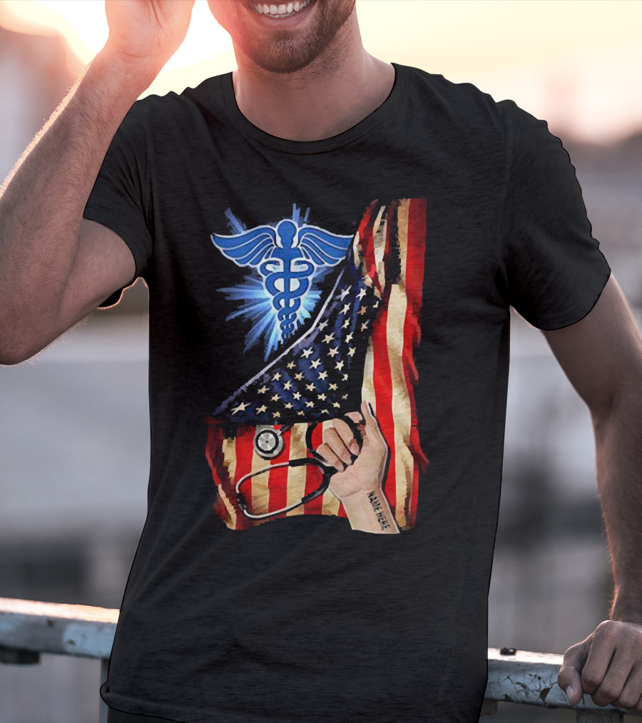 Nurse America Flag Caduceus Tattoo Stethoscope T-Shirt