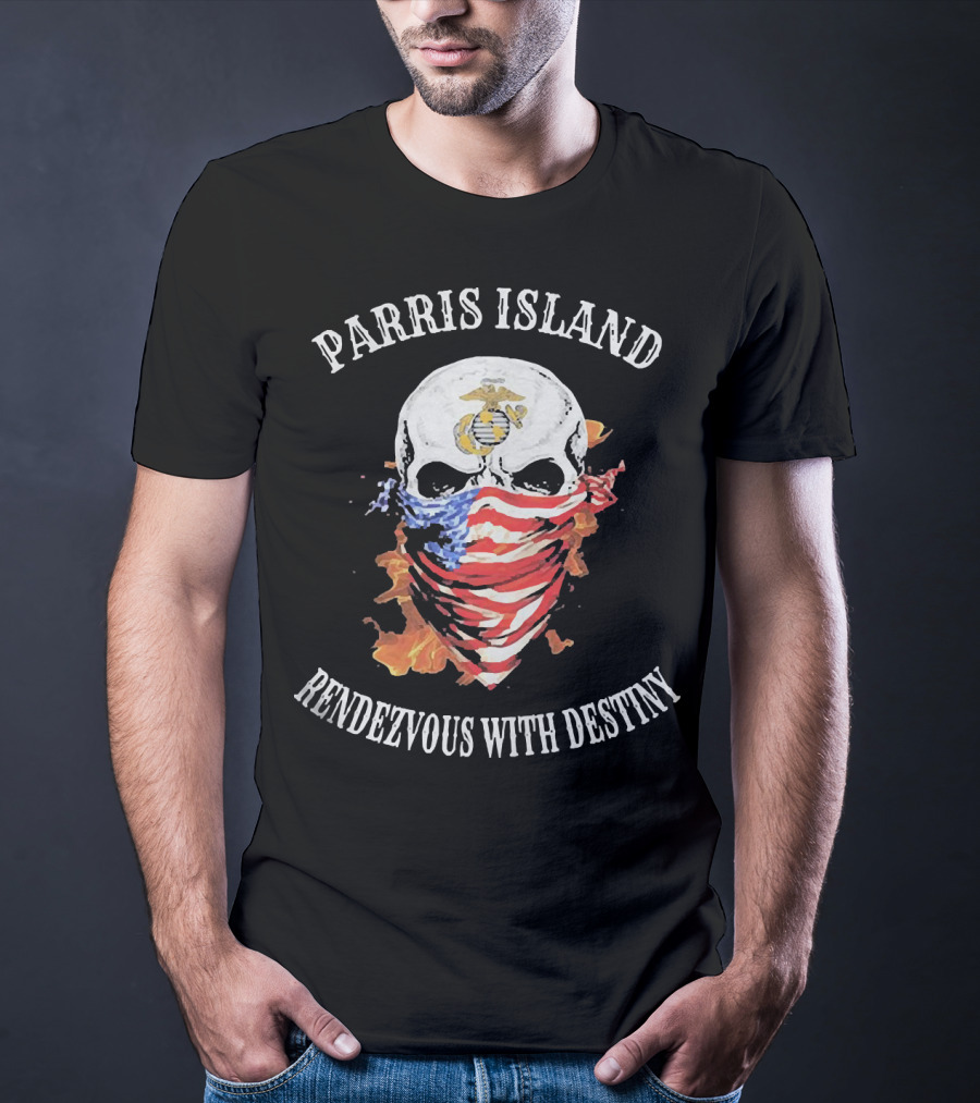 Parris Island Skull Mask Rendezvous With Destiny American Flag Flames T-Shirt