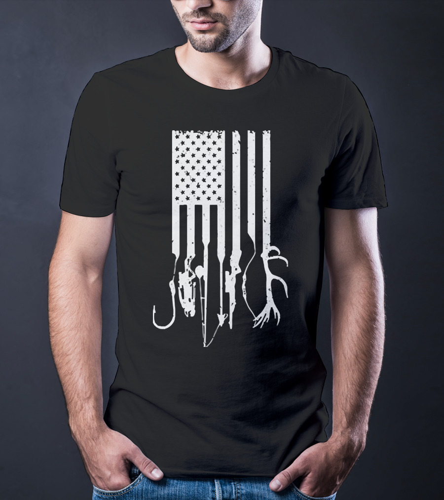 American Flag With Fishing Hooks And Hunting Gear T-Shirt