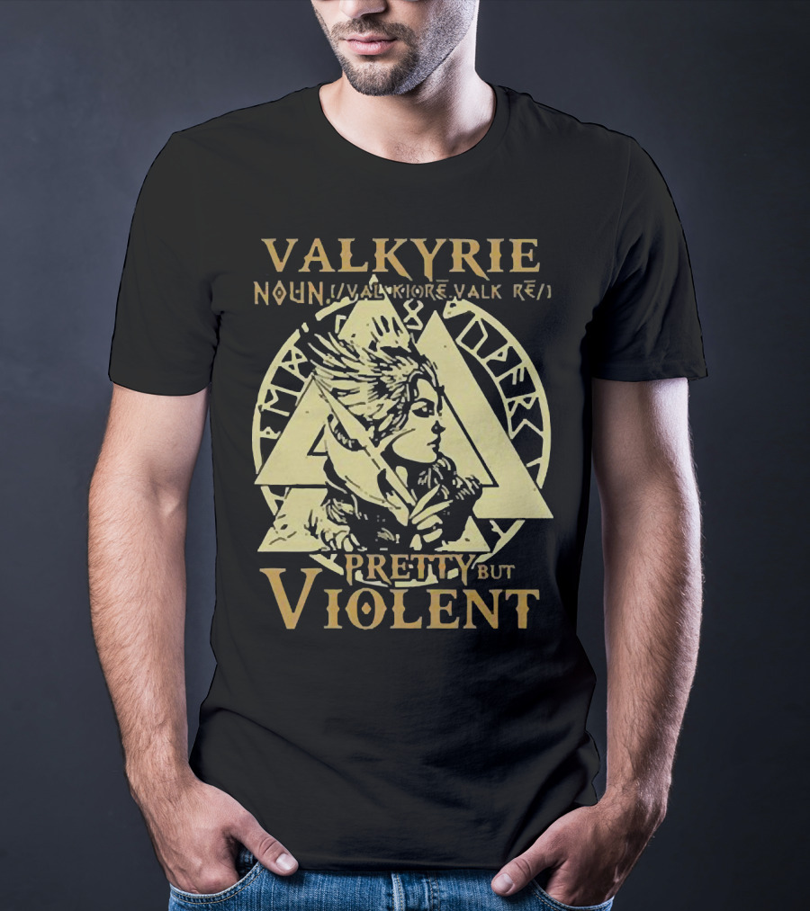 Valkyrie Noun Pretty But Violent With Norse Runes Background T-Shirt