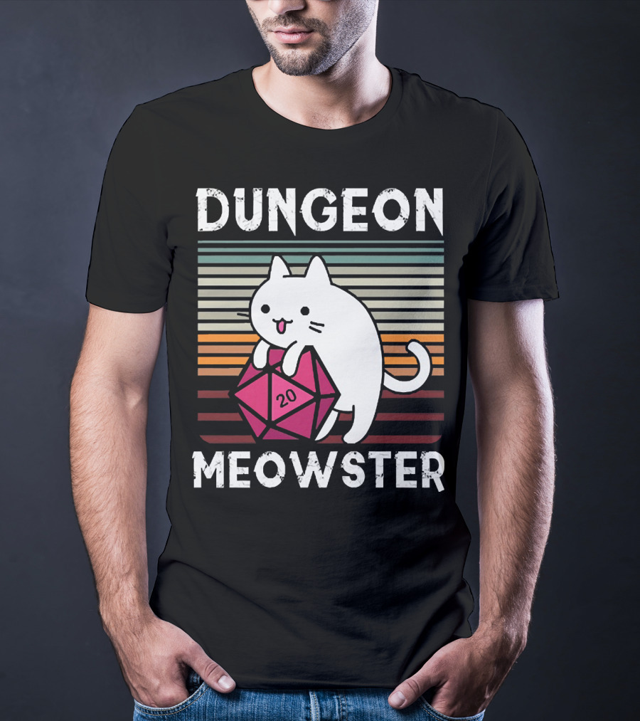 Dungeon Meowster Retro Vintage Cat Lover 20 Sided Dice T-Shirt