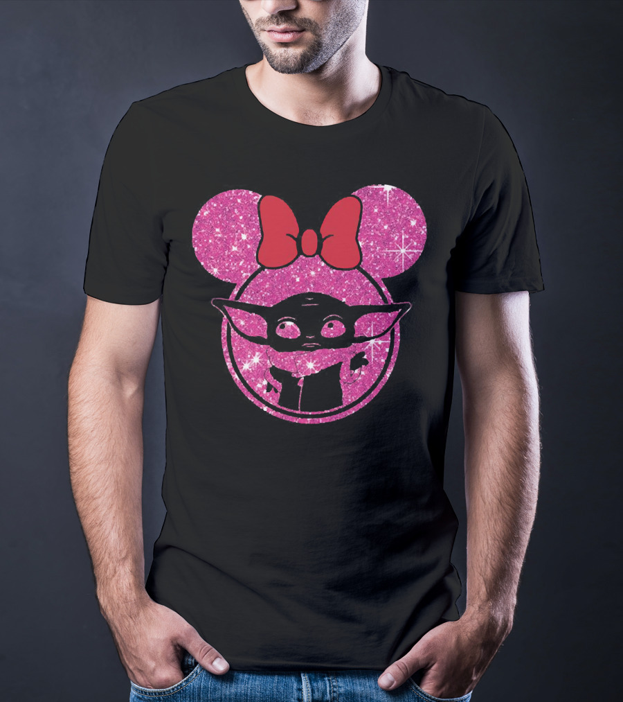 Baby Yoda Glitter Minnie Mouse Ears Red Bow T-Shirt