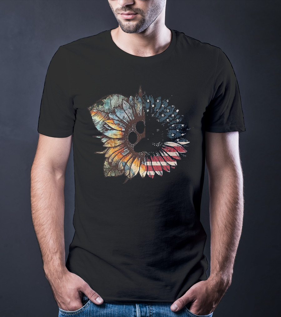Great Vintage Sunflower American Flag Patriotic Floral T-Shirt