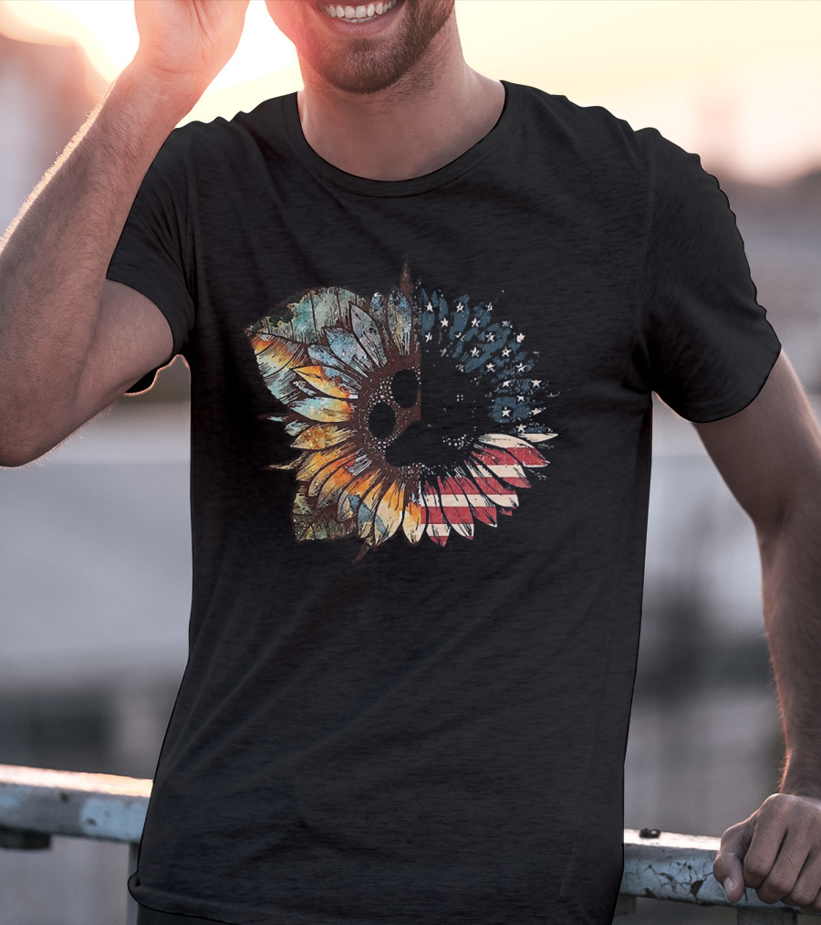 Great Vintage Sunflower American Flag Patriotic Floral T-Shirt